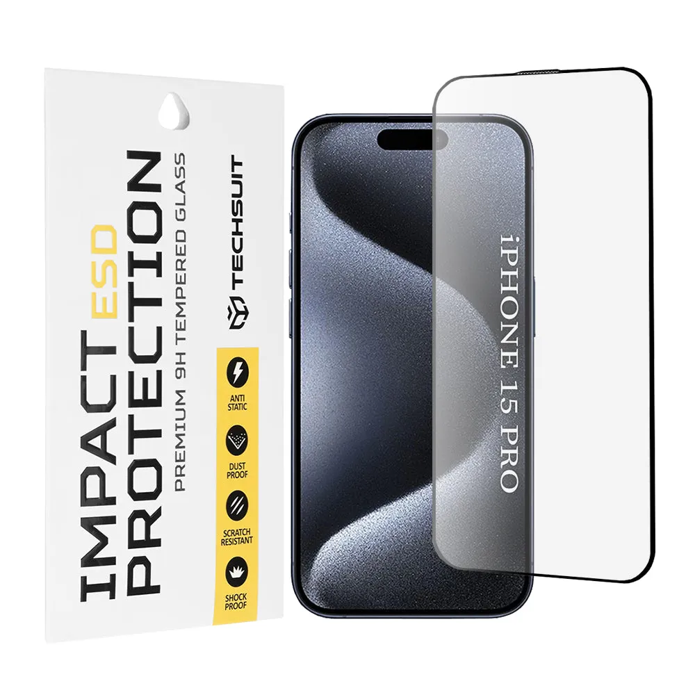 Pellicola protettiva per schermo Techsuit per Apple iPhone 15 Pro, Vetro temperato, Full Glue, Nero - immagine 1