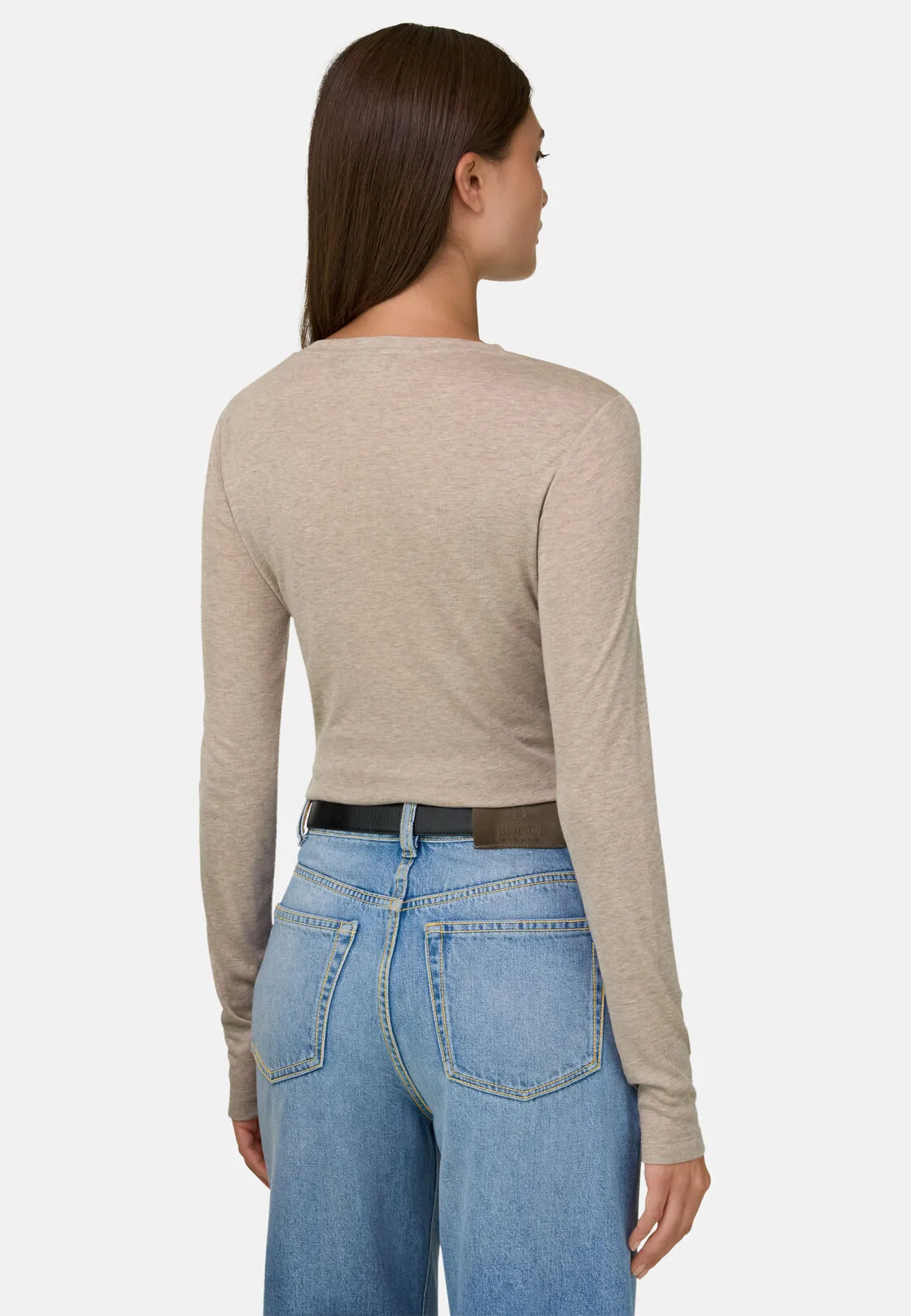 Boggi, T-shirt In Costa Misto Lana, Donna, Beige, Taglia: S - immagine 4