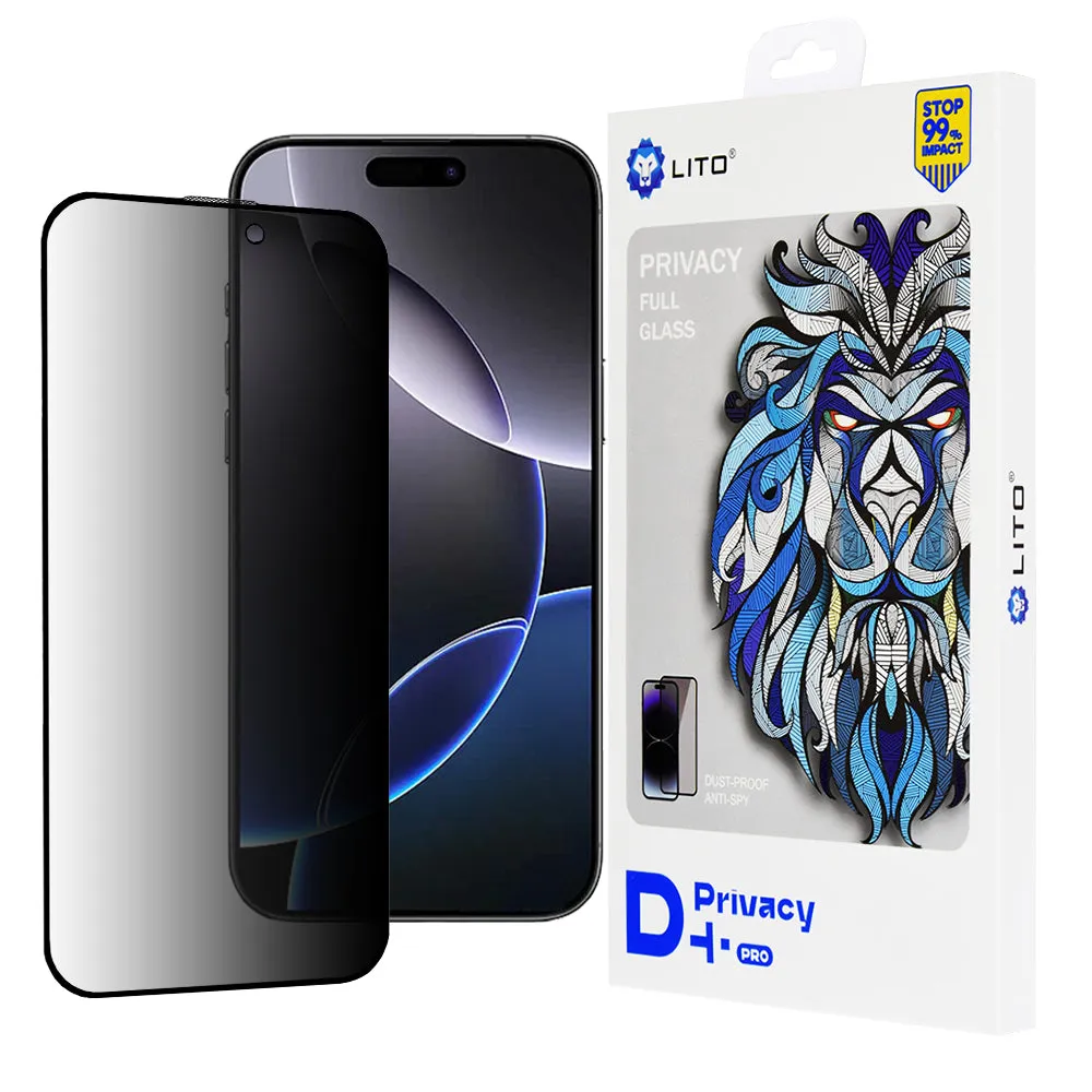 Pellicola protettiva per schermo Privacy Lito D+ Pro per Apple iPhone 16 Pro Max, Vetro temperato, Full Glue - immagine 1