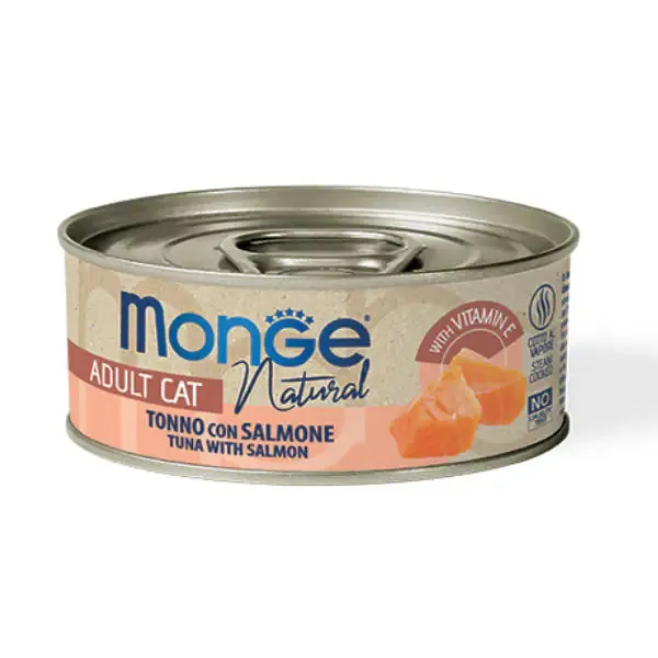 Monge Natural Adult cottura al vapore 80 gr Tonno a Pinne Gialle e Salmone - confezione da 6 pezzi - Cibo umido per gatti - immagine 1