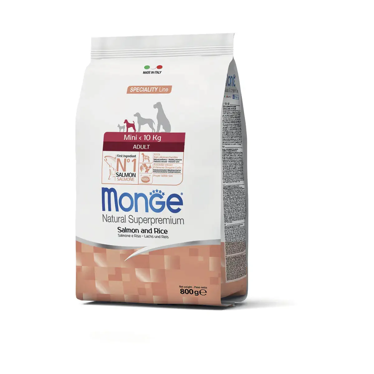 Monge Natural Superpremium All Breeds Adult Mini Monoprotein Salmone con Riso 800 gr - Crocchette monoproteiche cane - immagine 1