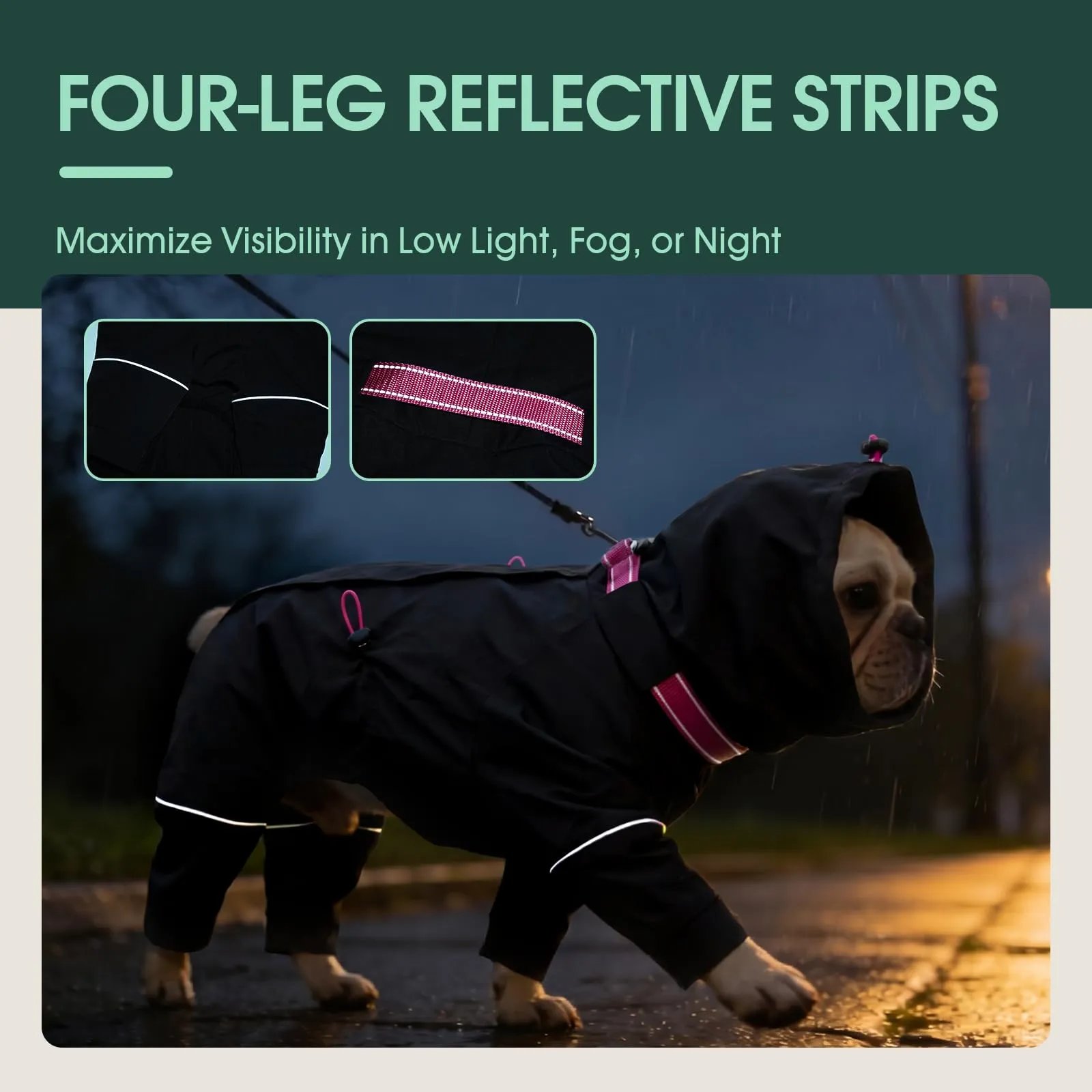Kuoser Giacca impermeabile per cani, copertura integrale con strisce riflettenti, nero, taglia M - immagine 4