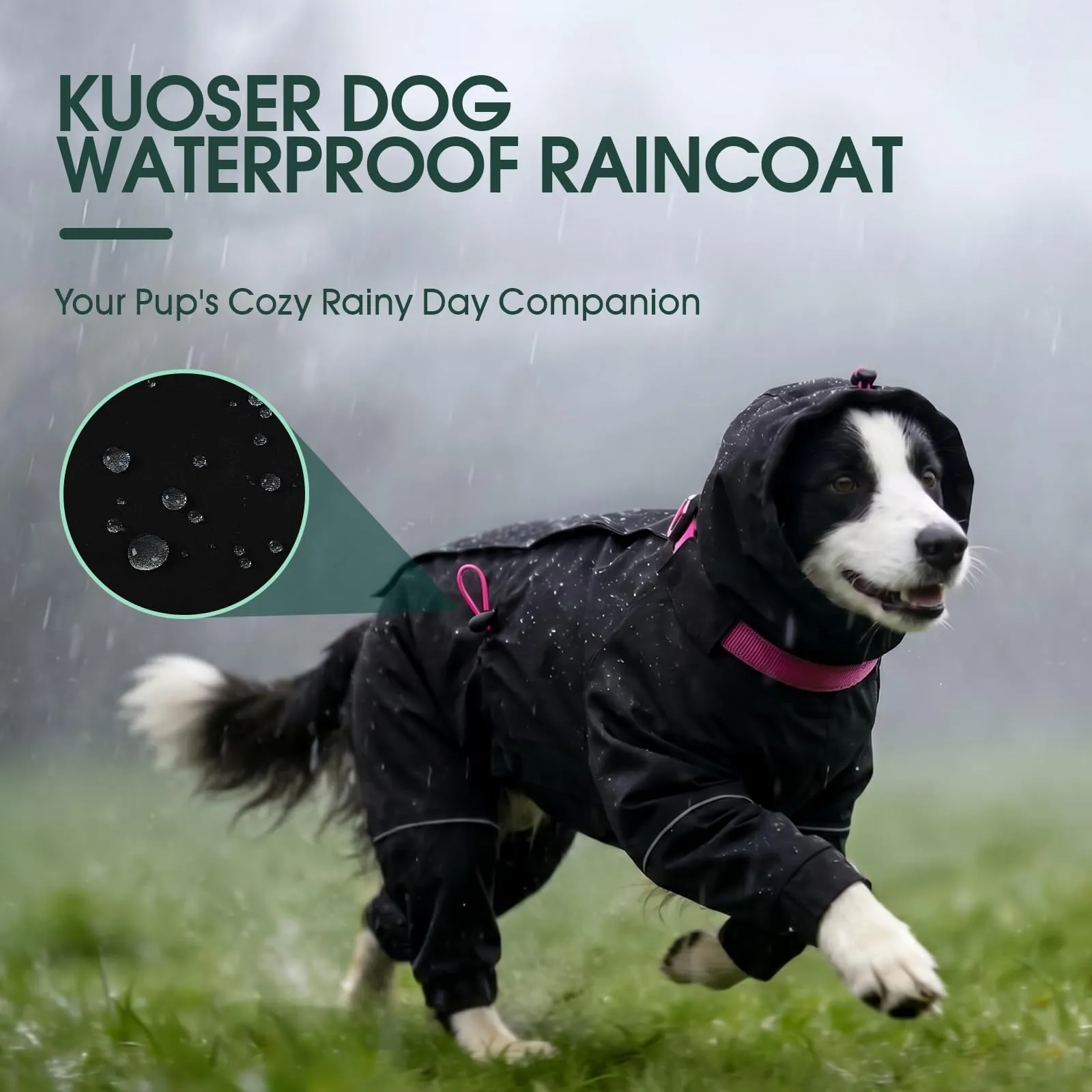 Kuoser Giacca impermeabile per cani, copertura integrale con strisce riflettenti, nero, taglia M - immagine 5