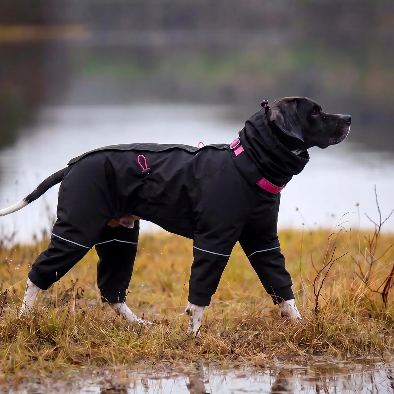 Kuoser Giacca impermeabile per cani, copertura integrale con strisce riflettenti, nero, taglia M - immagine 8