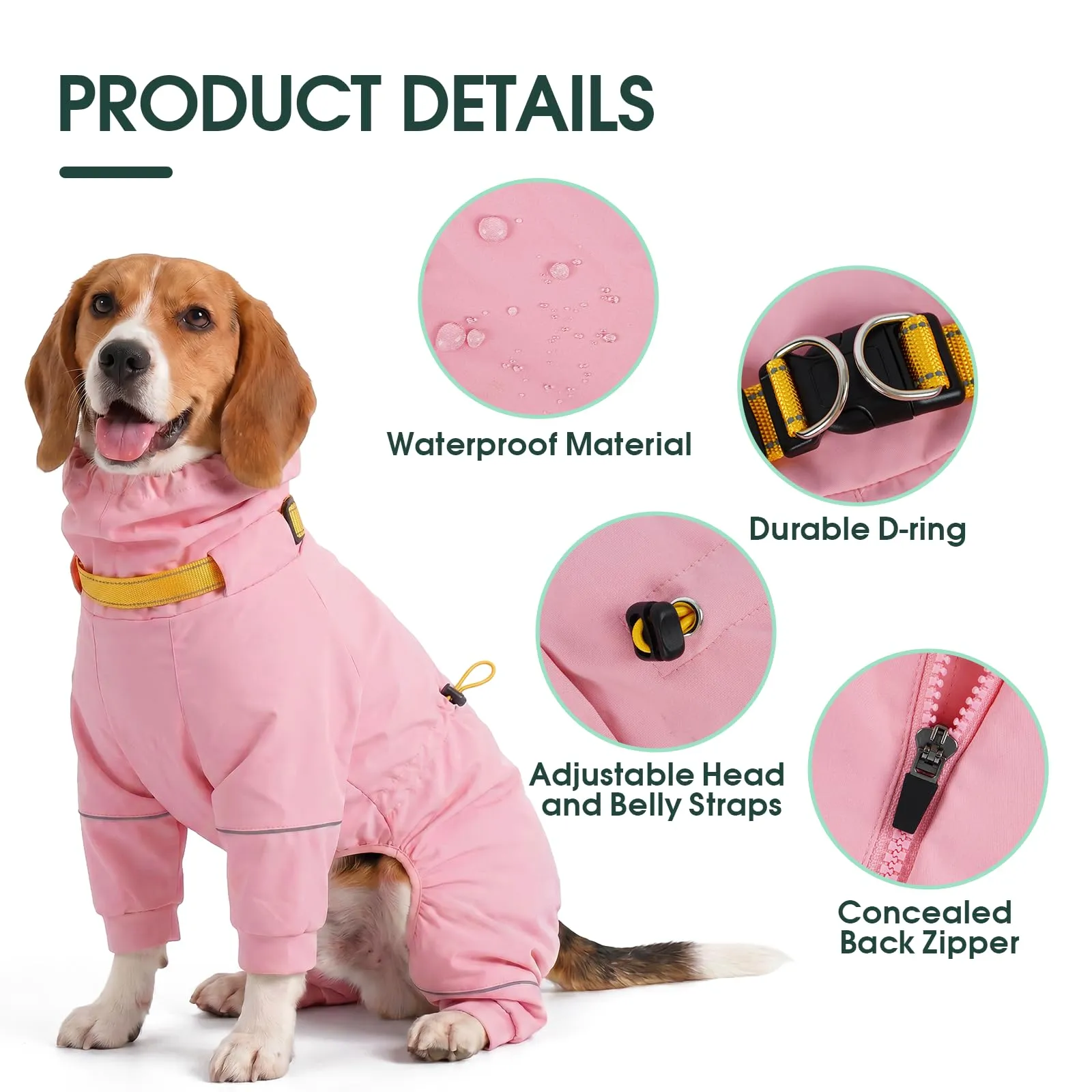 Kuoser Impermeabile per cani, copertura completa, con cappuccio regolabile - immagine 3