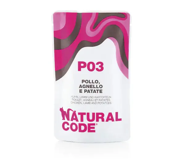 Natural Code Adult Buste in Acqua di Cottura 70 gr P03 - Pollo, Agnello e Patate - confezione da 24 pezzi - Cibo umido per gatti - immagine 1