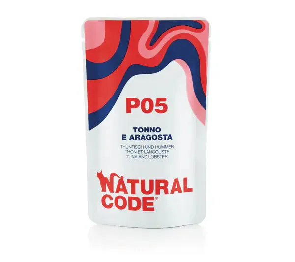 Natural Code Adult Buste in Acqua di Cottura 70 gr P05 - Tonno e Aragosta - confezione da 24 pezzi - Cibo umido per gatti - immagine 1