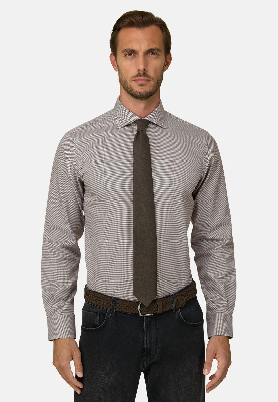 Boggi, Camicia Pied De Poule In Cotone Non-iron Regular Fit, Uomo, Marrone, Taglia: 40 - immagine 1