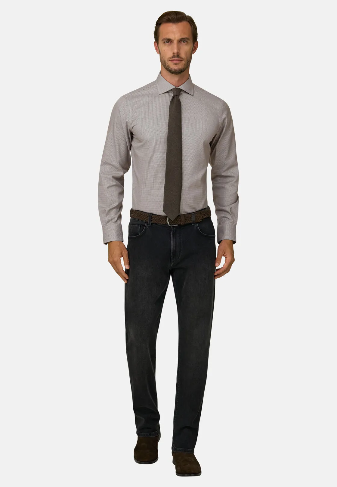 Boggi, Camicia Pied De Poule In Cotone Non-iron Regular Fit, Uomo, Marrone, Taglia: 41 - immagine 2