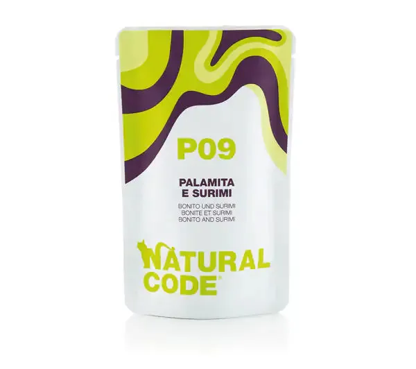 Natural Code Adult Buste in Acqua di Cottura 70 gr P09 - Palamita e Surimi - confezione da 24 pezzi - Cibo umido per gatti - immagine 1