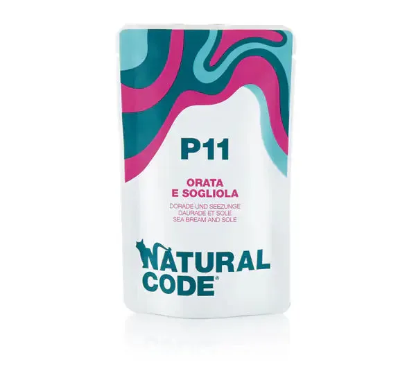 Natural Code Adult Buste in Acqua di Cottura 70 gr P11 - Orata e Sogliola - confezione da 24 pezzi - Cibo umido per gatti - immagine 1