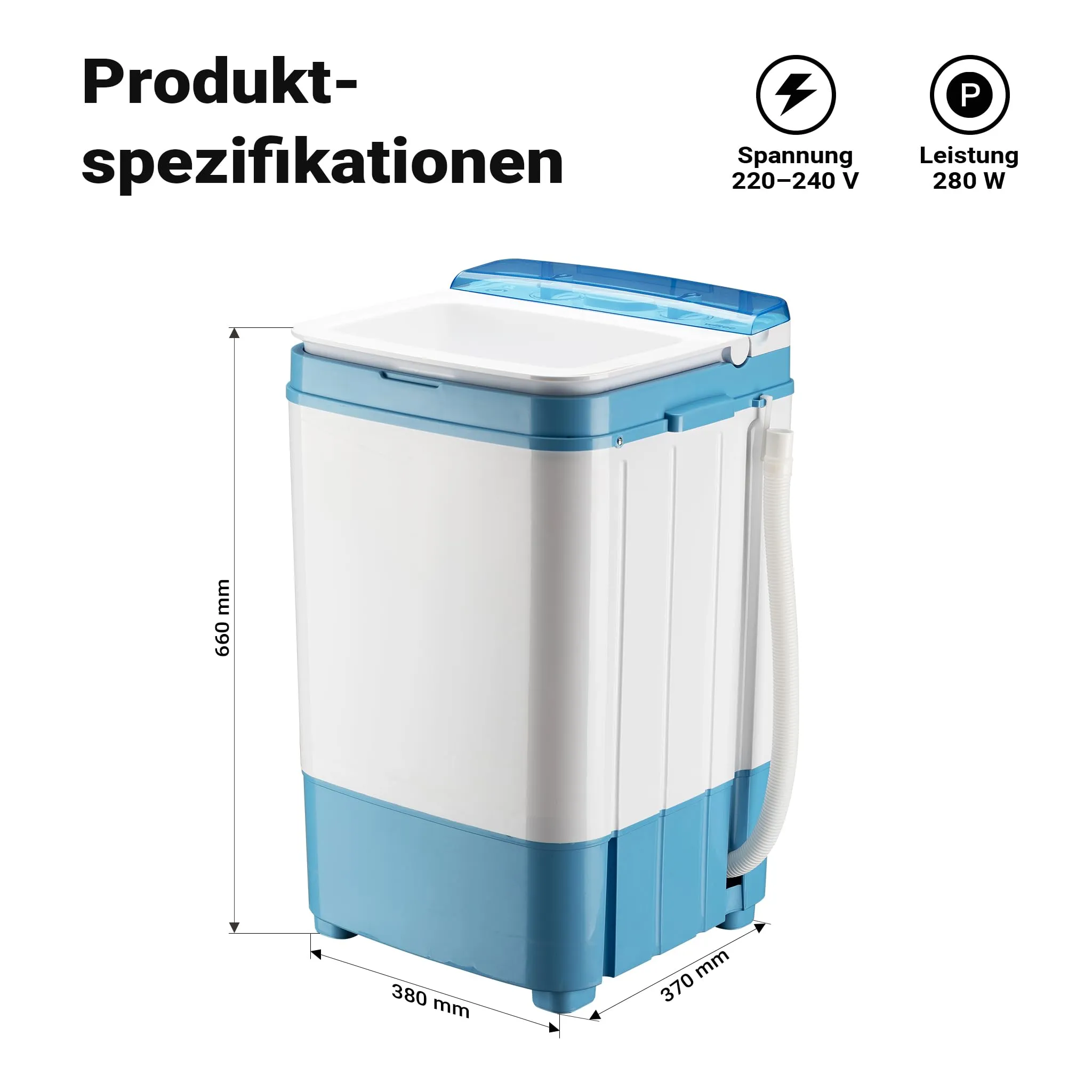 Wiltec Lavatrice da campeggio fino a 6,0 kg 280 W, mini lavatrice portatile 37 x 38 x 66 cm per lavaggio e centrifuga, ideale in viaggio, con timer - immagine 3