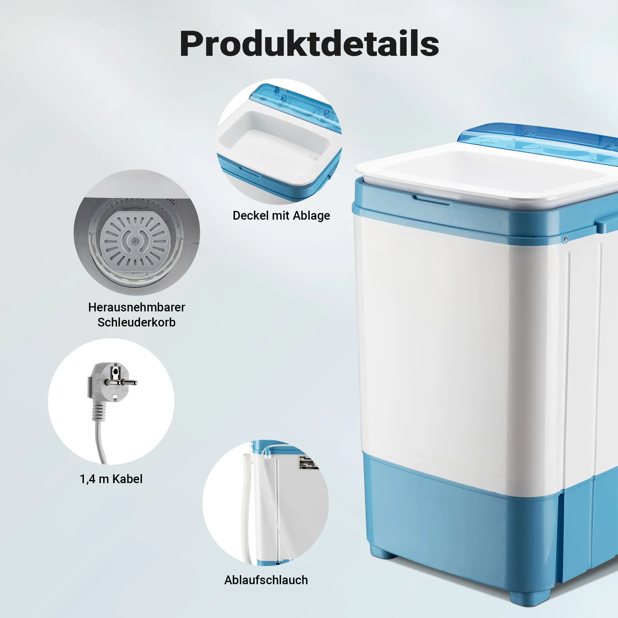 Wiltec Lavatrice da campeggio fino a 6,0 kg 280 W, mini lavatrice portatile 37 x 38 x 66 cm per lavaggio e centrifuga, ideale in viaggio, con timer - immagine 6