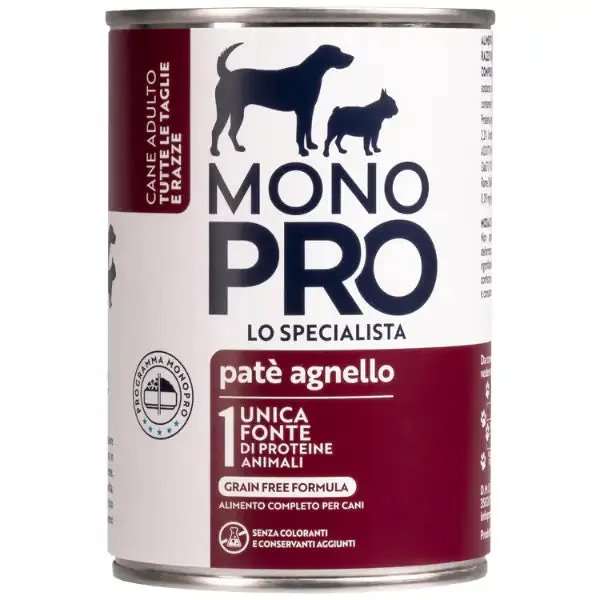 Monopro lo specialista Adult All Breeds Patè Grain Free 400 gr Agnello - confezione da 6 pezzi - Umido monoproteico cane - immagine 1