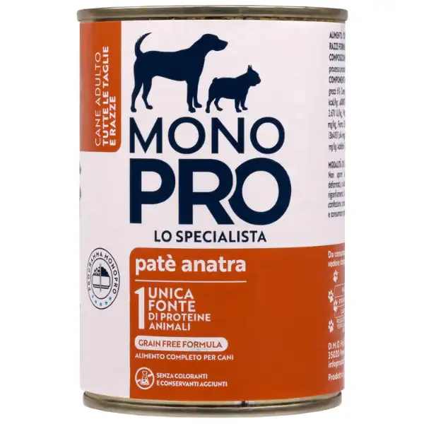 Monopro lo specialista Adult All Breeds Patè Grain Free 400 gr Anatra - confezione da 6 pezzi - Umido monoproteico cane - immagine 1