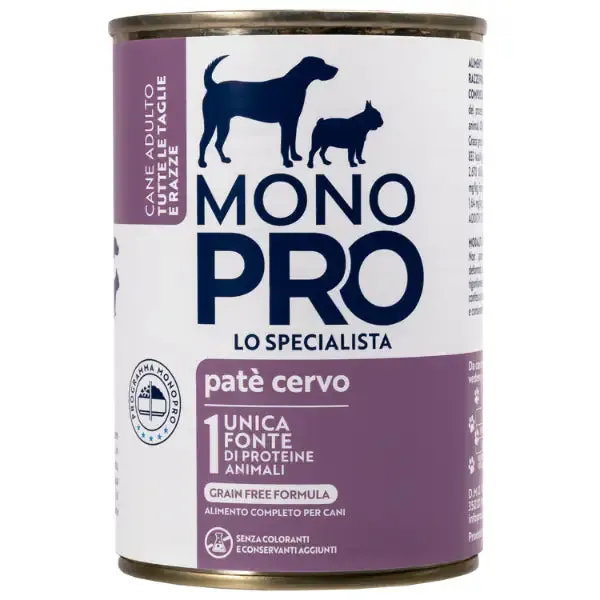 Monopro lo specialista Adult All Breeds Patè Grain Free 400 gr Cervo - confezione da 6 pezzi - Umido monoproteico cane - immagine 1