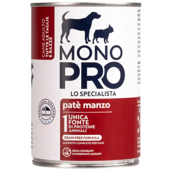 Monopro lo specialista Adult All Breeds Patè Grain Free 400 gr Manzo - confezione da 6 pezzi - Umido monoproteico cane - immagine 1