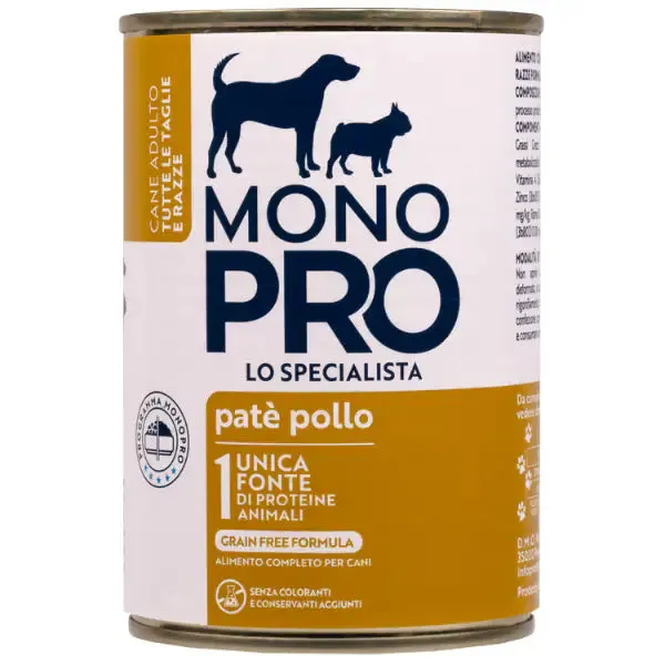 Monopro lo specialista Adult All Breeds Patè Grain Free 400 gr Pollo - confezione da 6 pezzi - Umido monoproteico cane - immagine 1