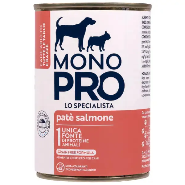 Monopro lo specialista Adult All Breeds Patè Grain Free 400 gr Salmone - confezione da 6 pezzi - Umido monoproteico cane - immagine 1