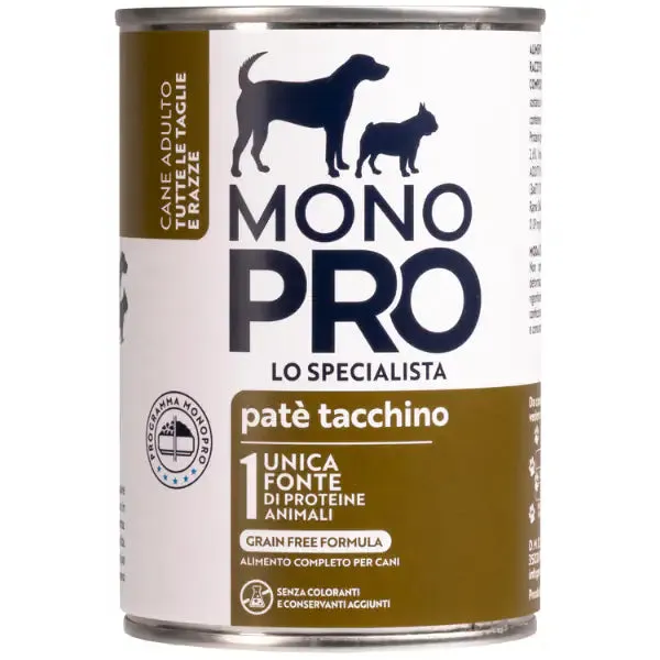 Monopro lo specialista Adult All Breeds Patè Grain Free 400 gr Tacchino - confezione da 6 pezzi - Umido monoproteico cane - immagine 1