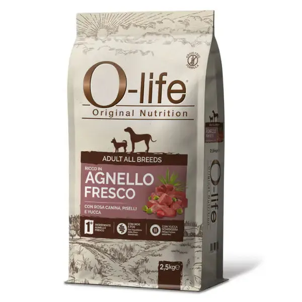 O-life Dog Adult All Breeds Grain Free Agnello e rosa canina 2,5 kg - Croccantini per cani - immagine 1