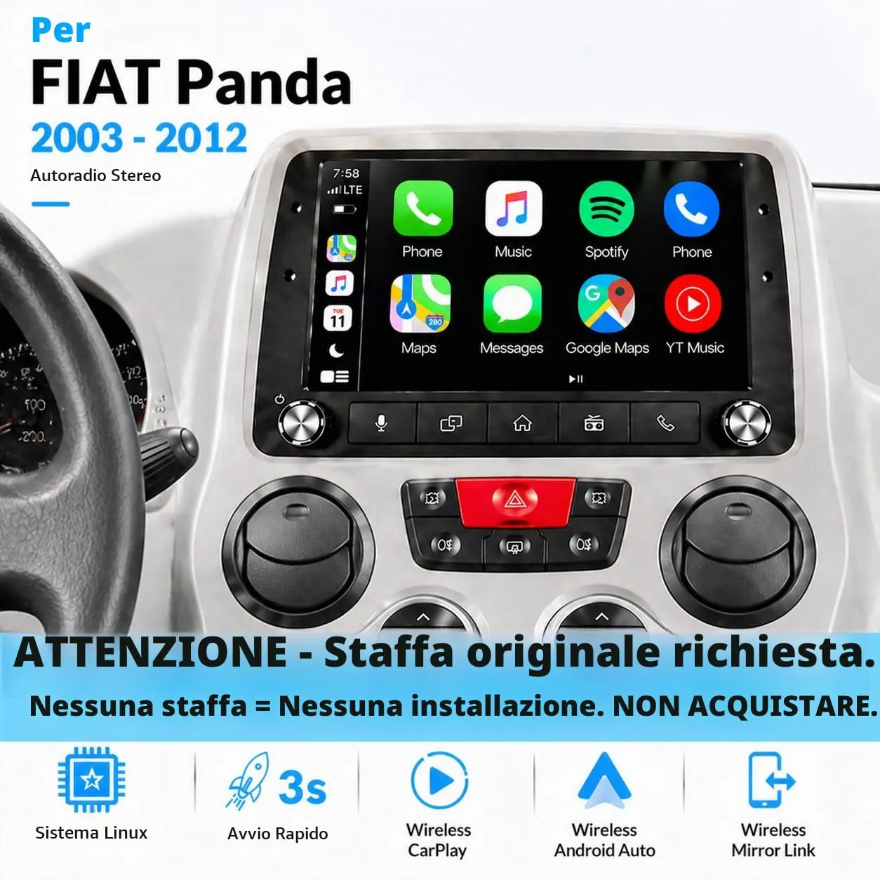 Schermo Autoradio CarPlay wireless per FIAT Panda 2003-2012 1 DIN Bluetooth - immagine 2