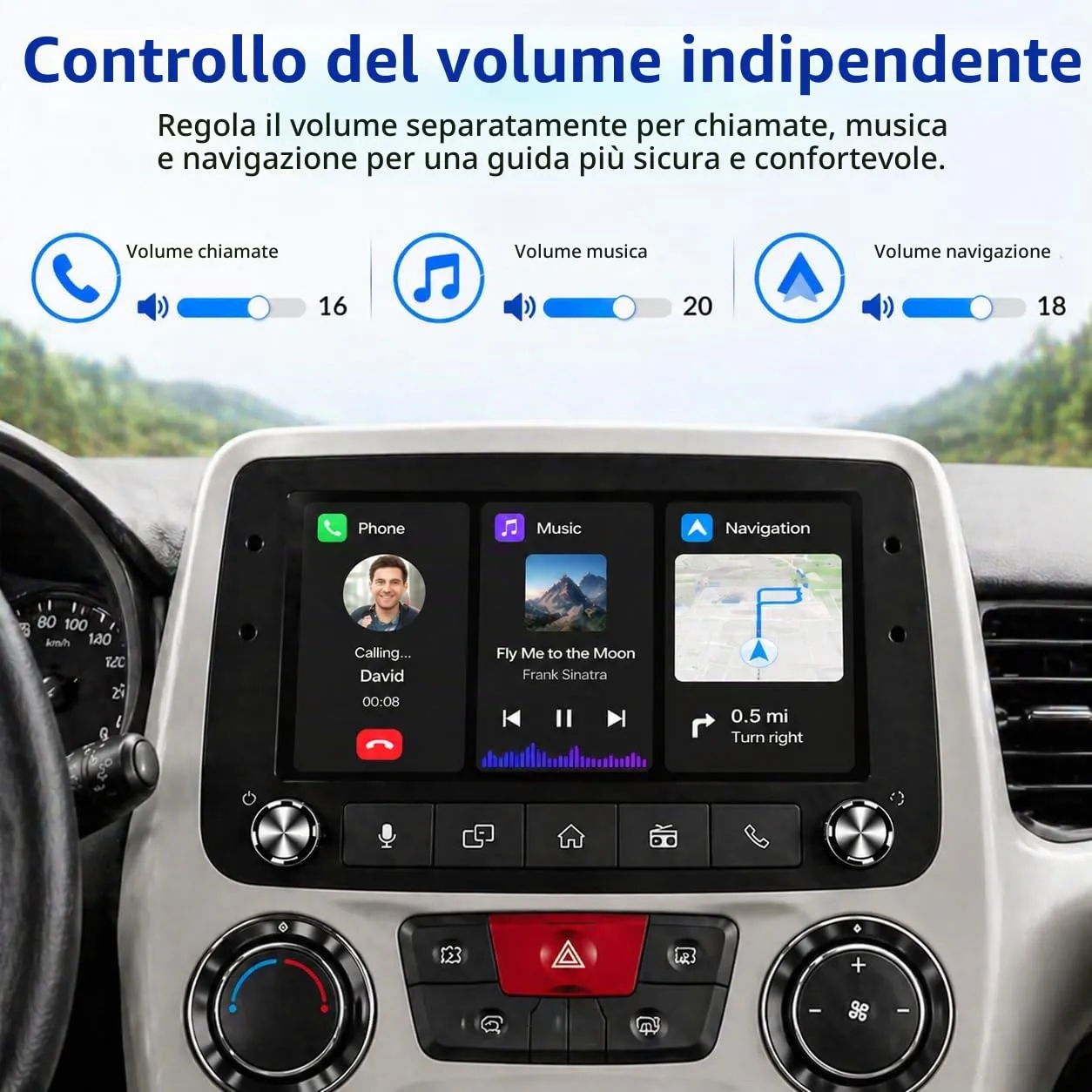 Schermo Autoradio CarPlay wireless per FIAT Panda 2003-2012 1 DIN Bluetooth - immagine 7