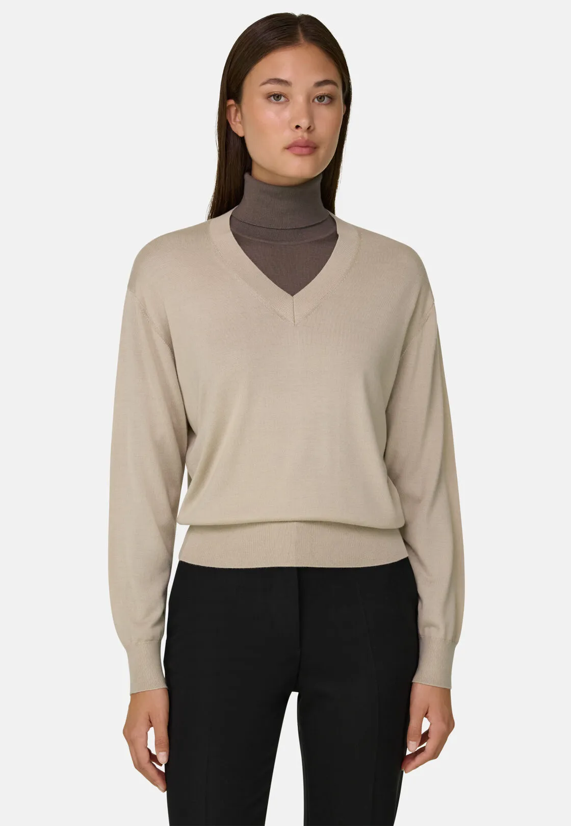 Boggi, Maglia Scollo V In Lana Merino Seta, Donna, Sabbia, Taglia: S - immagine 1