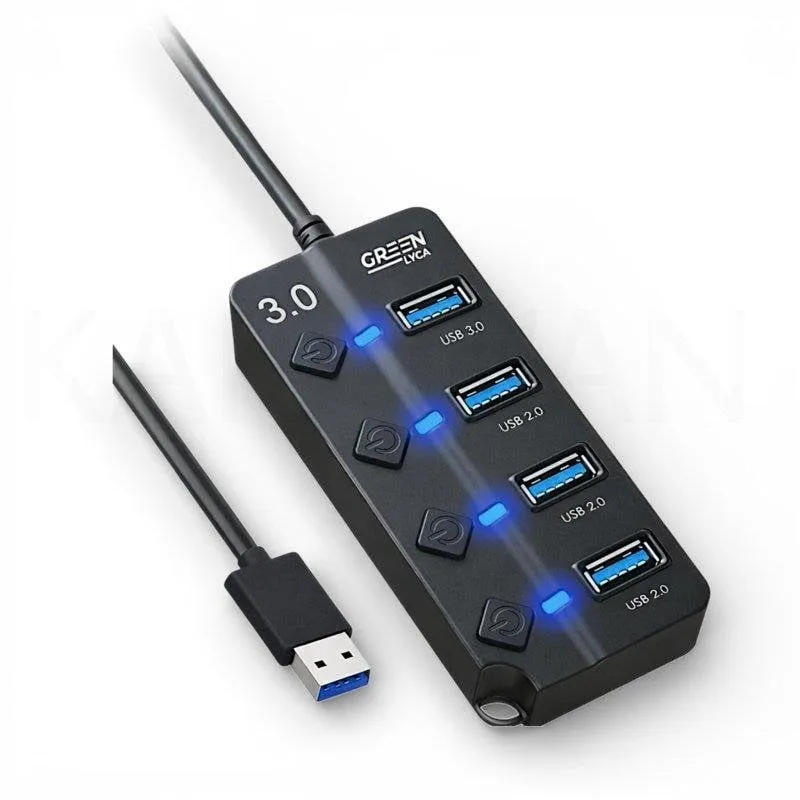 Hub USB Karawan 4 Porte USB 3.0 Switch Individuali Nero - immagine 1