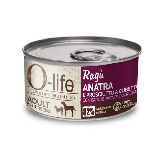 O-life Dog Adult Ragù 150 gr Anatra e prosciutto a cubetti con carote, patate e curcuma - confezione da 6 pezzi - Cibo umido per cani - immagine 1