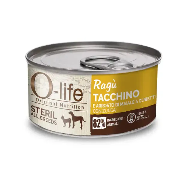 O-life Dog Adult Ragù 150 gr Tacchino e arrosto di maiale a cubetti con zucca - confezione da 6 pezzi - Cibo umido per cani - immagine 1