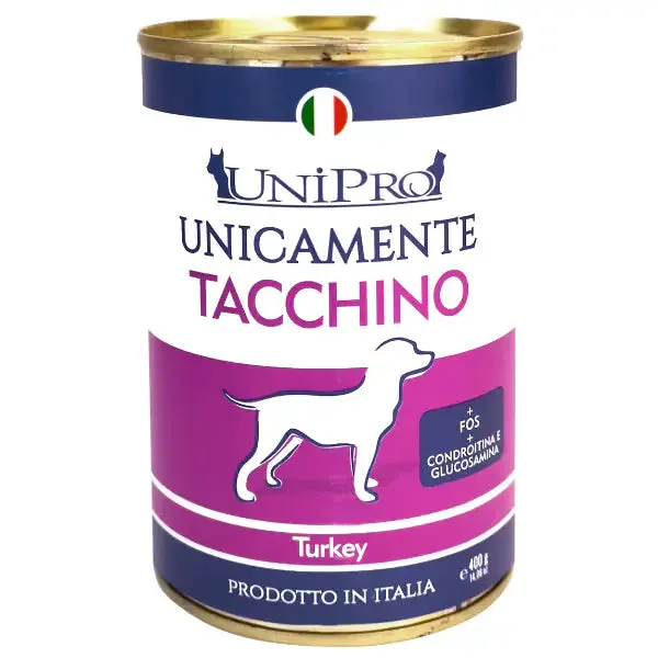 Unipro Unicamente Dog Adult 400 gr Tacchino - confezione da 6 pezzi - Umido monoproteico cane - immagine 1