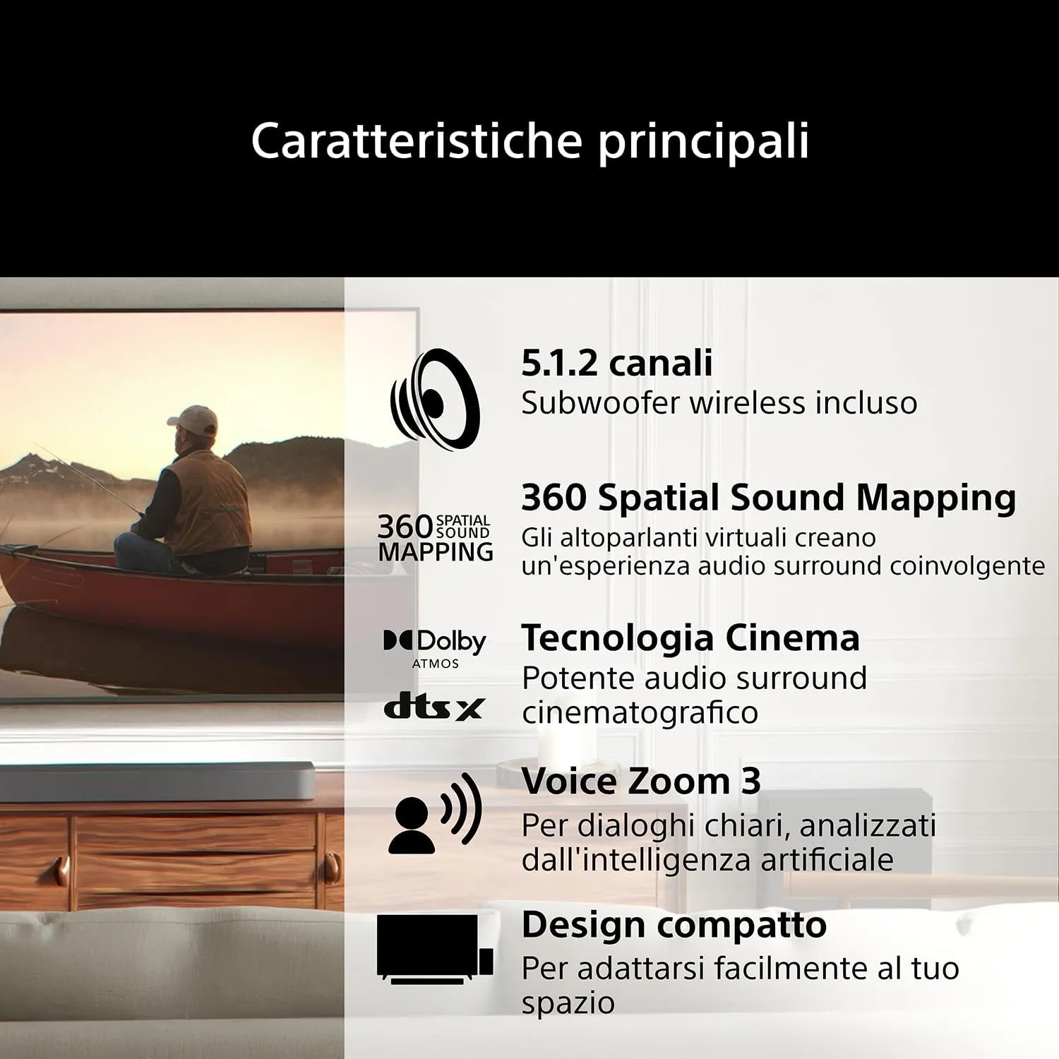 Sony BRAVIA Theatre Bar 7, soundbar singola, 9 altoparlanti, audio surround Dolby Atmos®/DTS:X®, mappatura spaziale del suono a 360°, Voice Zoom 3 per Sony Smart TV, Bluetooth®, HT-A7100, modello 2026 - immagine 2