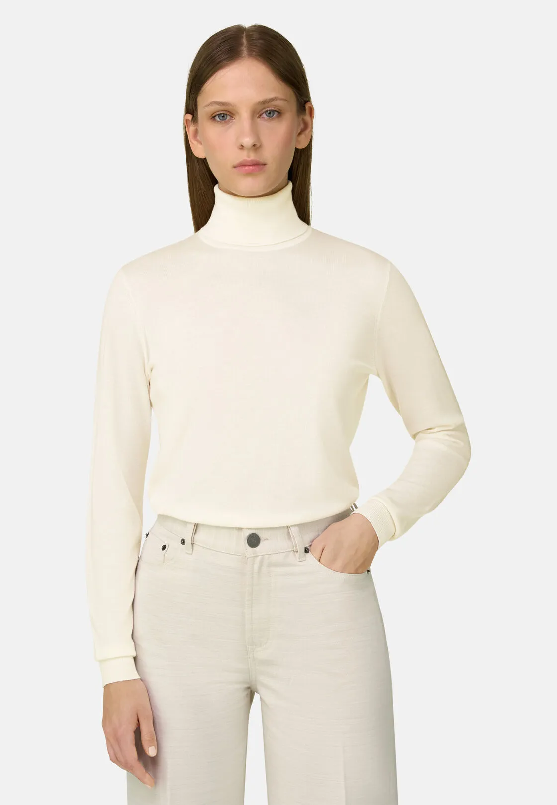 Boggi, Maglia Dolcevita In Lana Merino Seta, Donna, Offwhite, Taglia: S - immagine 1