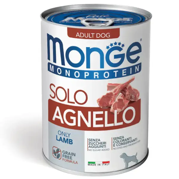 Monge Monoprotein SOLO Patè Grain Free 400 gr Agnello - confezione da 6 pezzi - Umido monoproteico cane - immagine 1