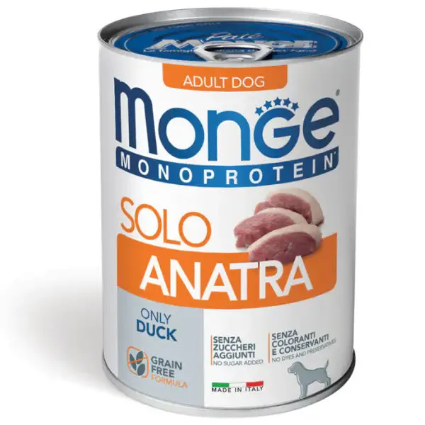Monge Monoprotein SOLO Patè Grain Free 400 gr Anatra - confezione da 6 pezzi - Umido monoproteico cane - immagine 1
