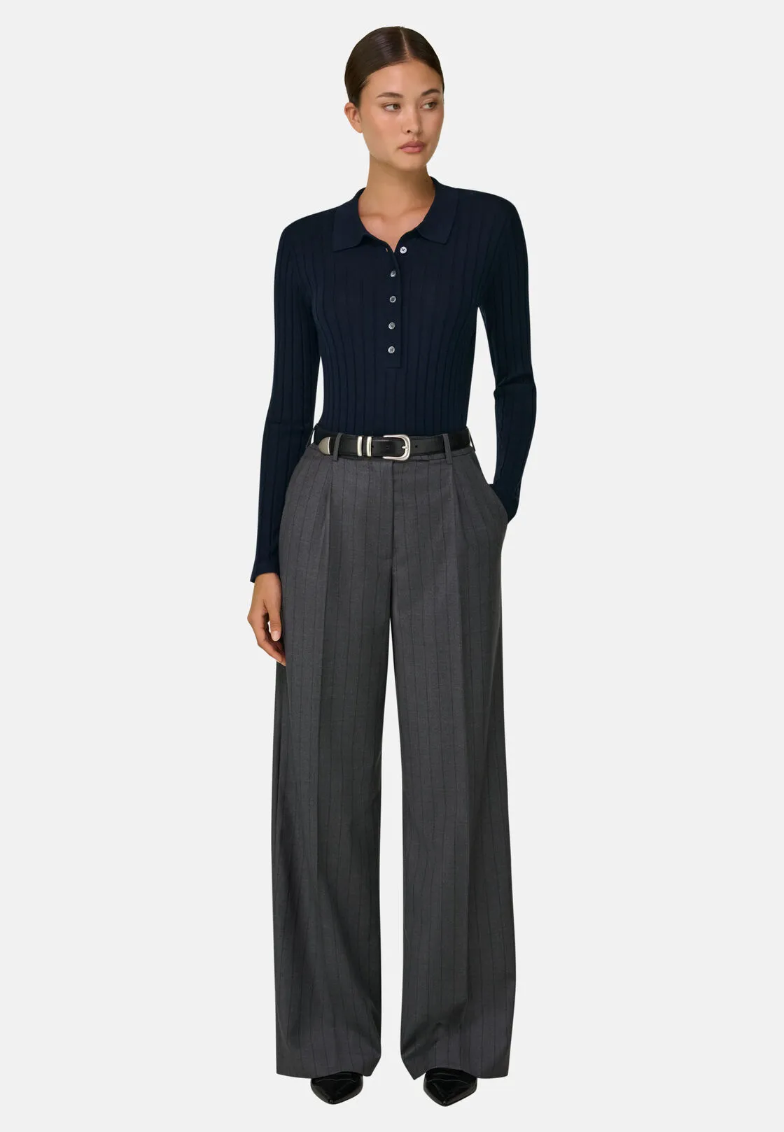 Boggi, Polo Di Maglia A Coste In Lana Merino Seta, Donna, Navy, Taglia: L - immagine 2