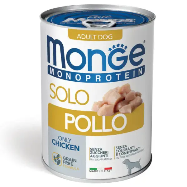 Monge Monoprotein SOLO Patè Grain Free 400 gr Pollo - confezione da 6 pezzi - Umido monoproteico cane - immagine 1