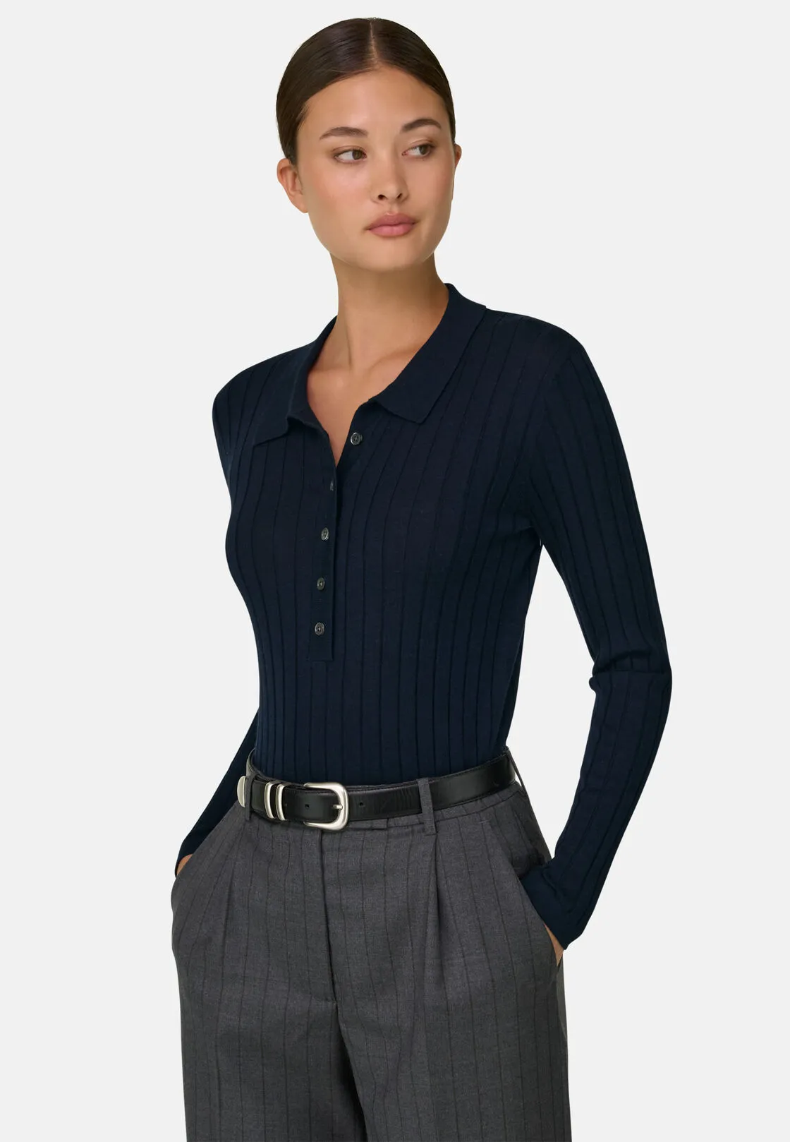 Boggi, Polo Di Maglia A Coste In Lana Merino Seta, Donna, Navy, Taglia: M - immagine 1