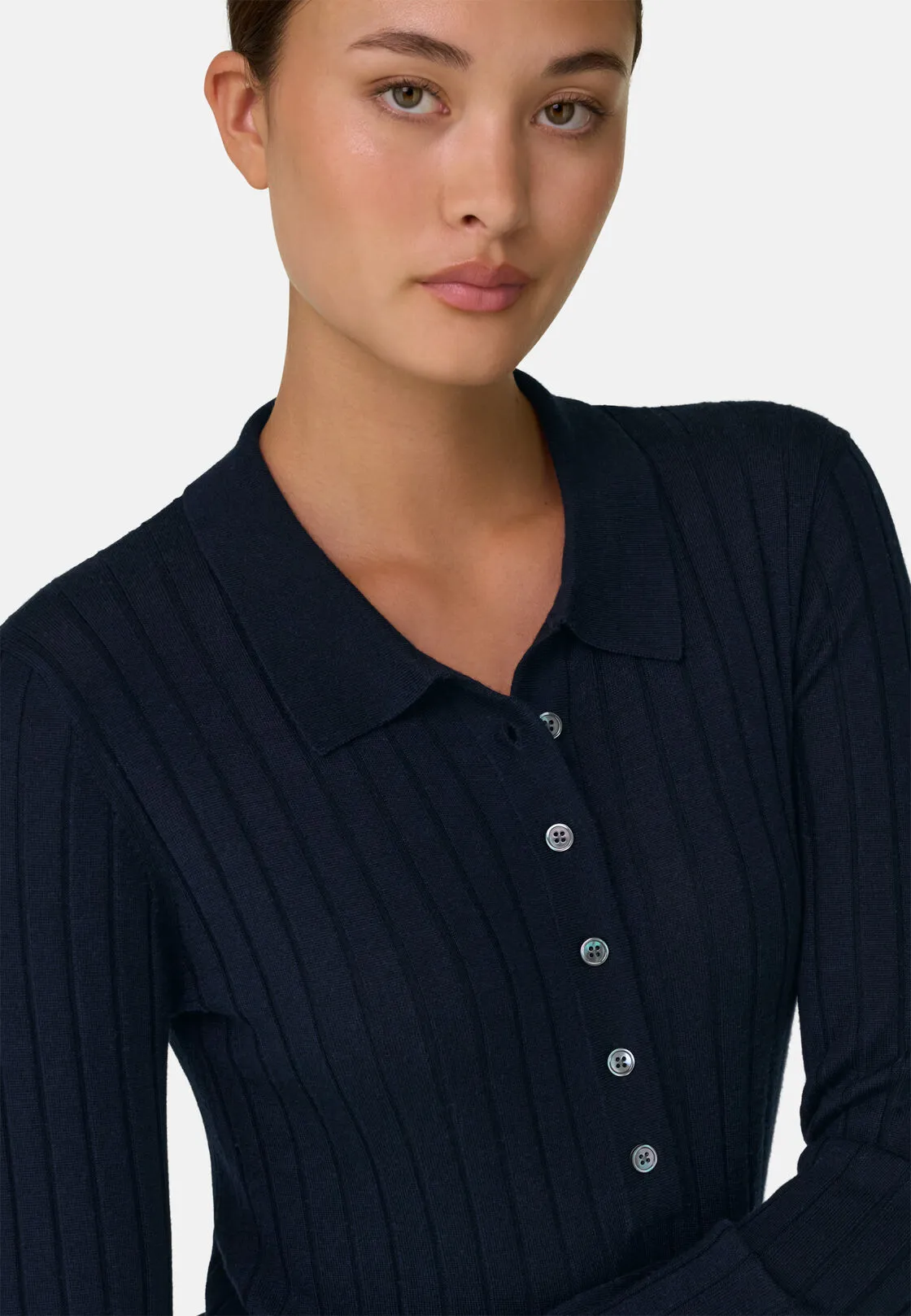Boggi, Polo Di Maglia A Coste In Lana Merino Seta, Donna, Navy, Taglia: M - immagine 3