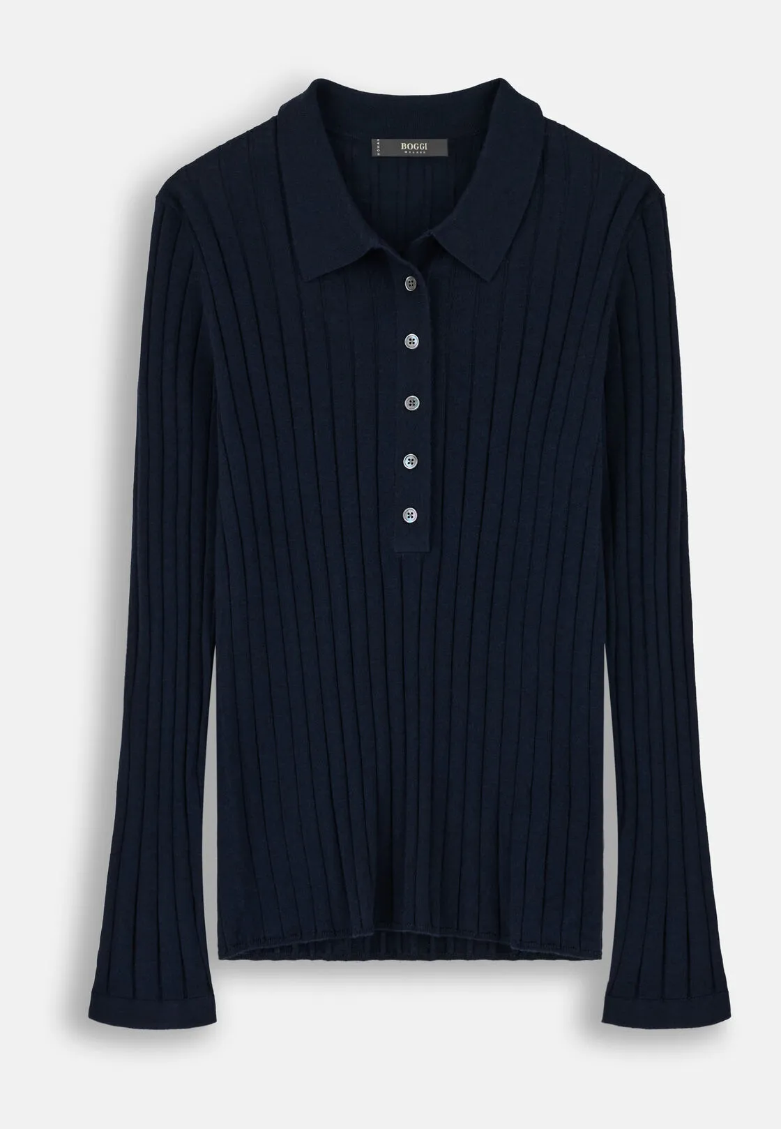 Boggi, Polo Di Maglia A Coste In Lana Merino Seta, Donna, Navy, Taglia: M - immagine 5