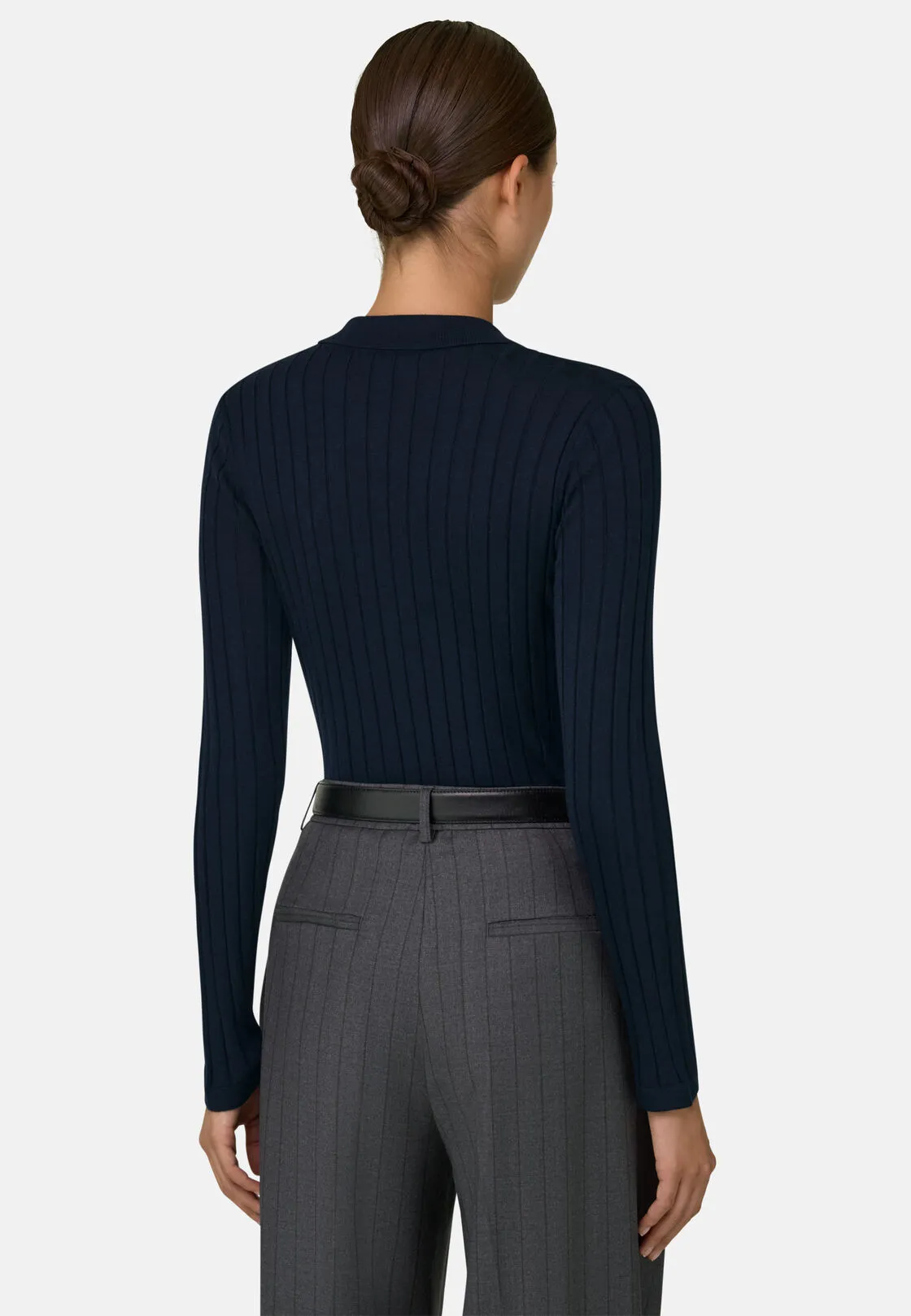 Boggi, Polo Di Maglia A Coste In Lana Merino Seta, Donna, Navy, Taglia: XS - immagine 4