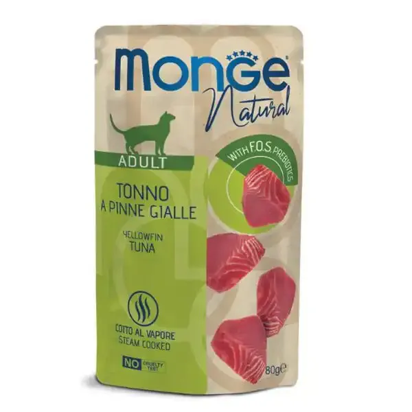 Monge Natural Adult cottura al vapore gustosi Pezzetti 80 gr Tonno a pinne gialle - confezione da 24 pezzi - Cibo umido per gatti - immagine 1