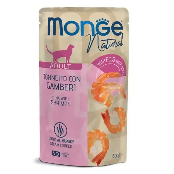 Monge Natural Adult cottura al vapore gustosi Pezzetti 80 gr Tonnetto con gamberi - confezione da 24 pezzi - Cibo umido per gatti - immagine 1