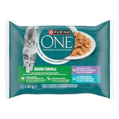 Purina One Indoor Cat Adult filettini in salsa multipack 4x85 gr 2 x Vitello e Carote 2 x Tonno e Fagiolini - immagine 1