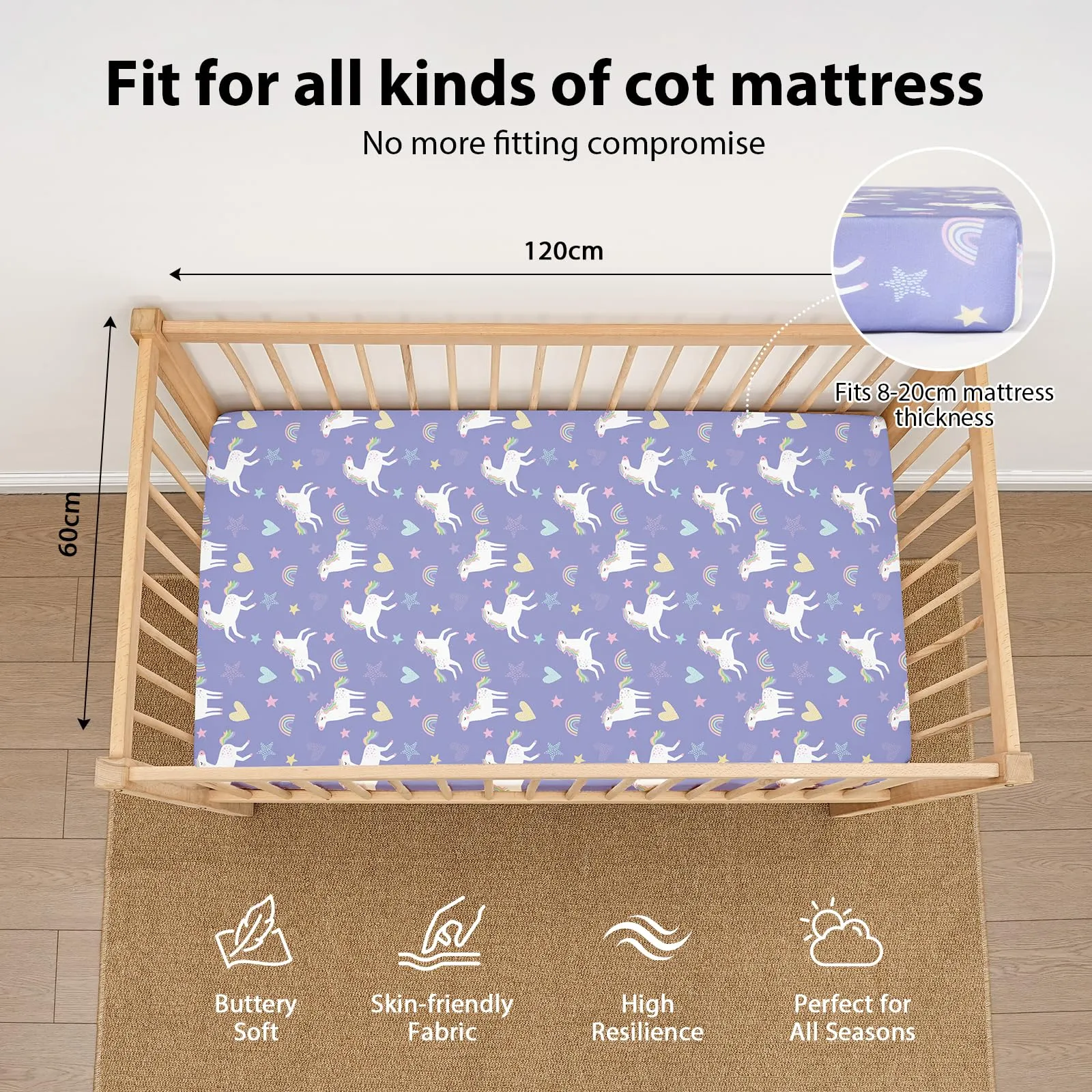 Fiemol Lenzuola Lettino 120x60 cm, Confezione da 3 Coprimaterassi per Lettino Neonato, Lenzuola con Angoli Elasticizzate in Microfibra Ultra Morbida e Setosa, Rosa e Viola - immagine 2