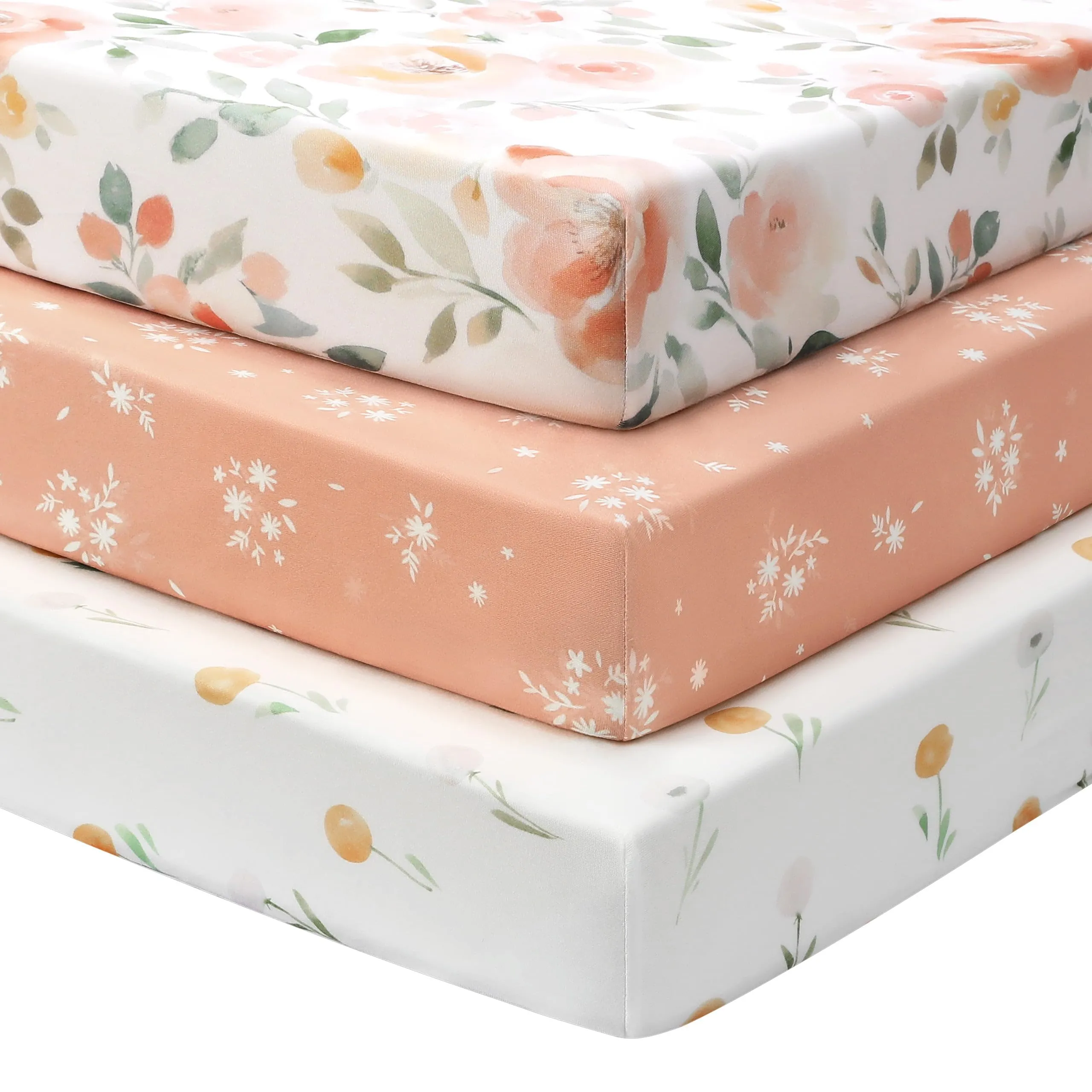 Fiemol Lenzuola Lettino 120x60 cm, Confezione da 3 Coprimaterassi per Lettino Neonato, Lenzuola con Angoli Elasticizzate in Microfibra Ultra Morbida e Setosa, Arancione e Fiore Acquerello - immagine 1