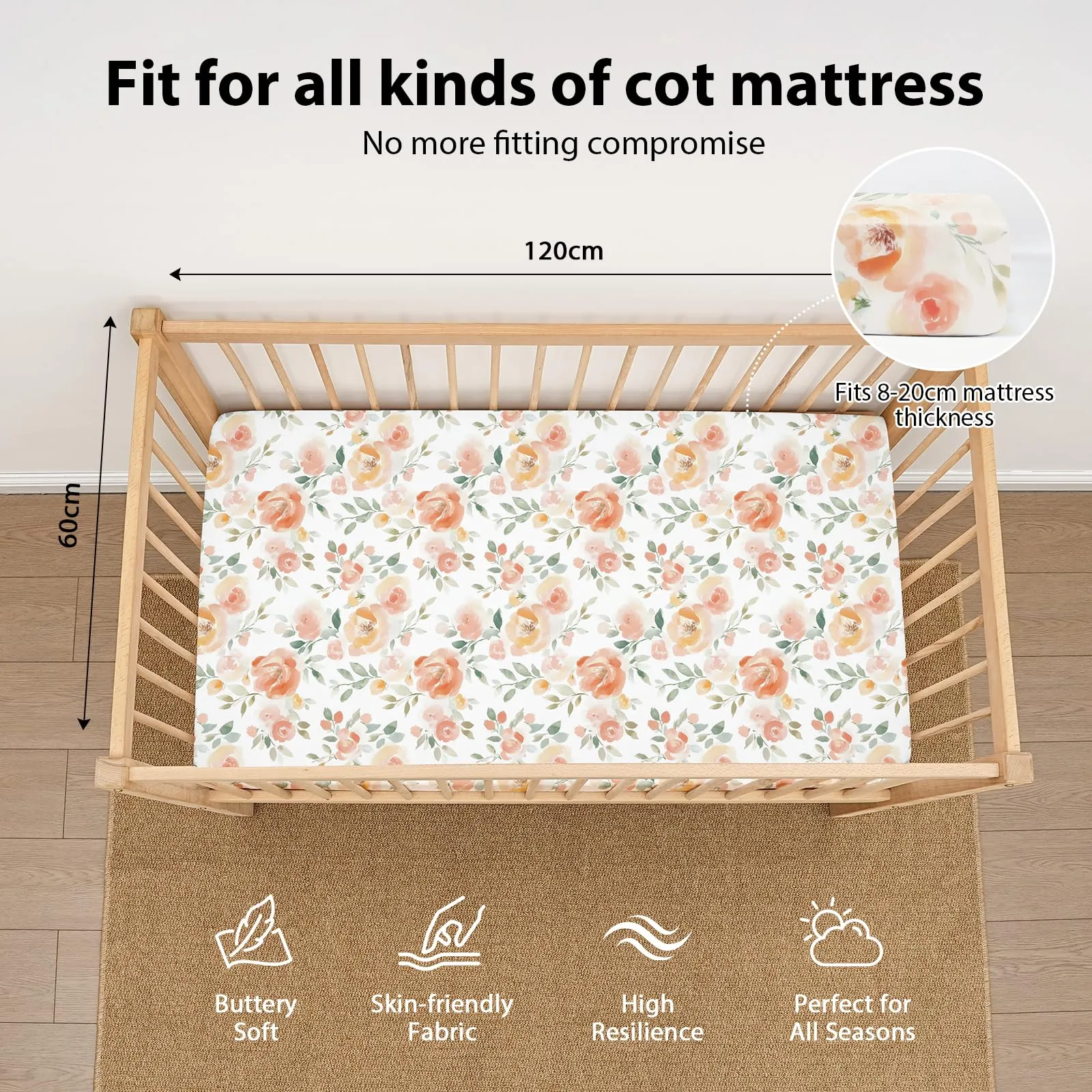 Fiemol Lenzuola Lettino 120x60 cm, Confezione da 3 Coprimaterassi per Lettino Neonato, Lenzuola con Angoli Elasticizzate in Microfibra Ultra Morbida e Setosa, Arancione e Fiore Acquerello - immagine 2