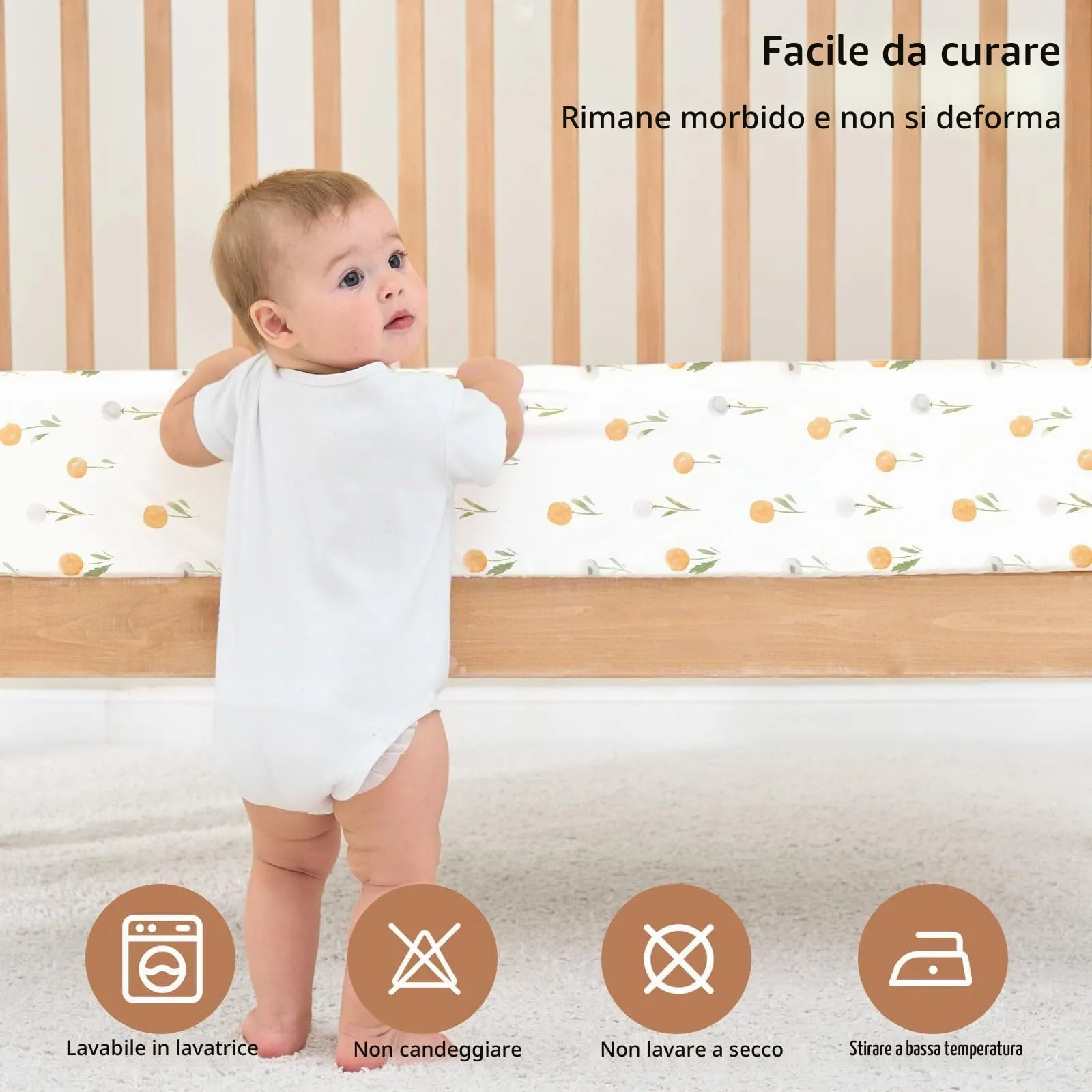 Fiemol Lenzuola Lettino 120x60 cm, Confezione da 3 Coprimaterassi per Lettino Neonato, Lenzuola con Angoli Elasticizzate in Microfibra Ultra Morbida e Setosa, Arancione e Fiore Acquerello - immagine 7