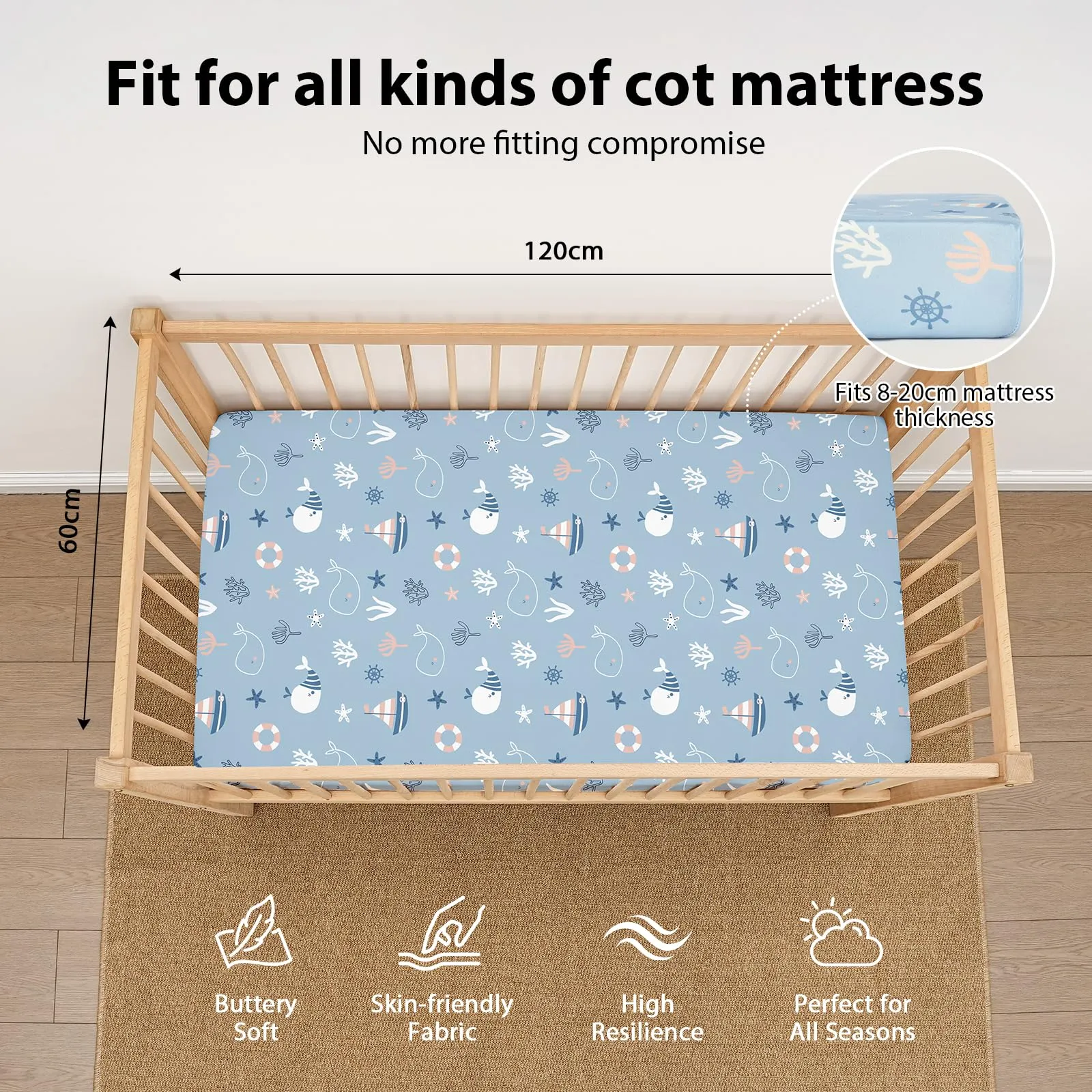 Fiemol Lenzuola Lettino 120x60 cm, Confezione da 3 Coprimaterassi per Lettino Neonato, Lenzuola con Angoli Elasticizzate in Microfibra Ultra Morbida e Setosa, Azzurro e Balena - immagine 2